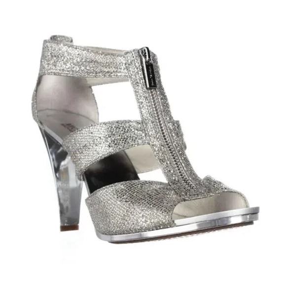 🪩 Michael Kors Sandals Women Silver Open Toe T-Strap Zipper Berkley Heel 7.5 🪩 - Picture 9 of 9
